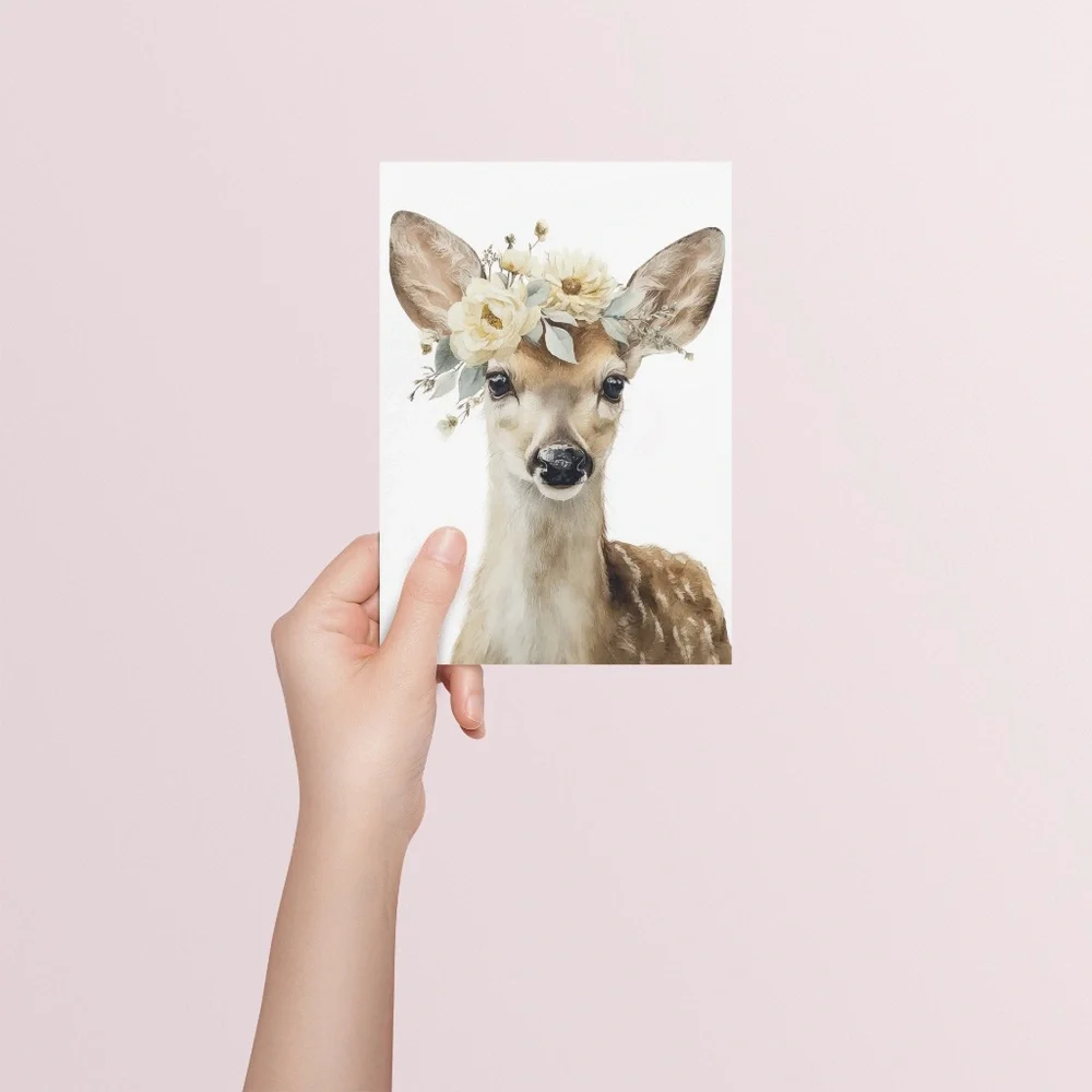 Watercolor Deer with Flower Wreath Illustration Wall Art Print Poster, Unframed - Picture 5 of 6